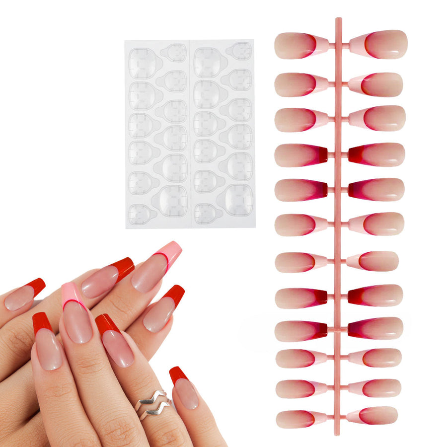 Matra Press On Nails French Tip Reusable Artificial Stick On Fake Extensions & Glue Tabs Red Pink