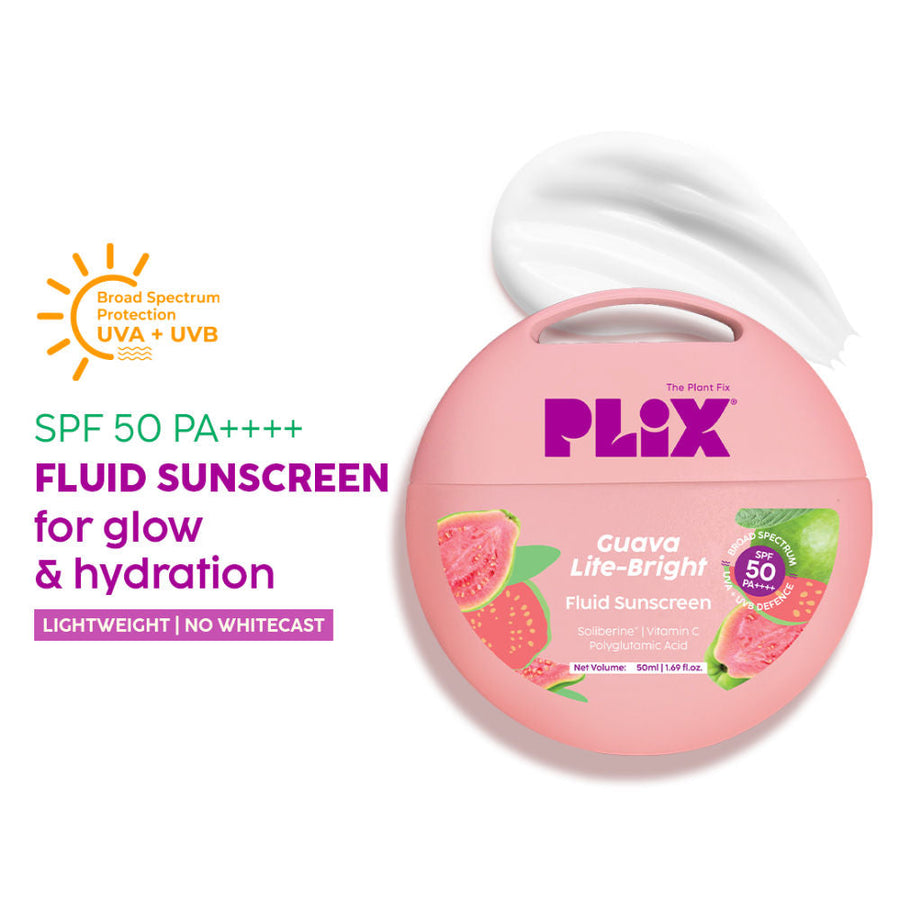 Plix Guava Glow Fluid Hydrating, Lightweight & Non-Greasy SPF 50 PA++++ Sunscreen