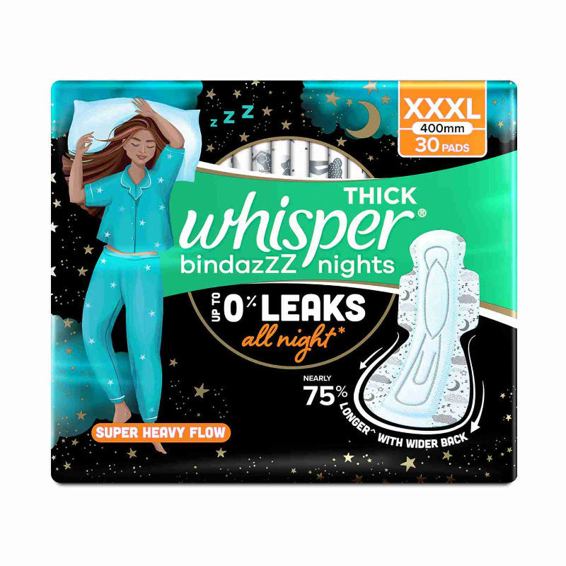 Whisper Bindazzz Nights 30 XXXL Sanitary Pads, Upto 0% Leaks All Night Long