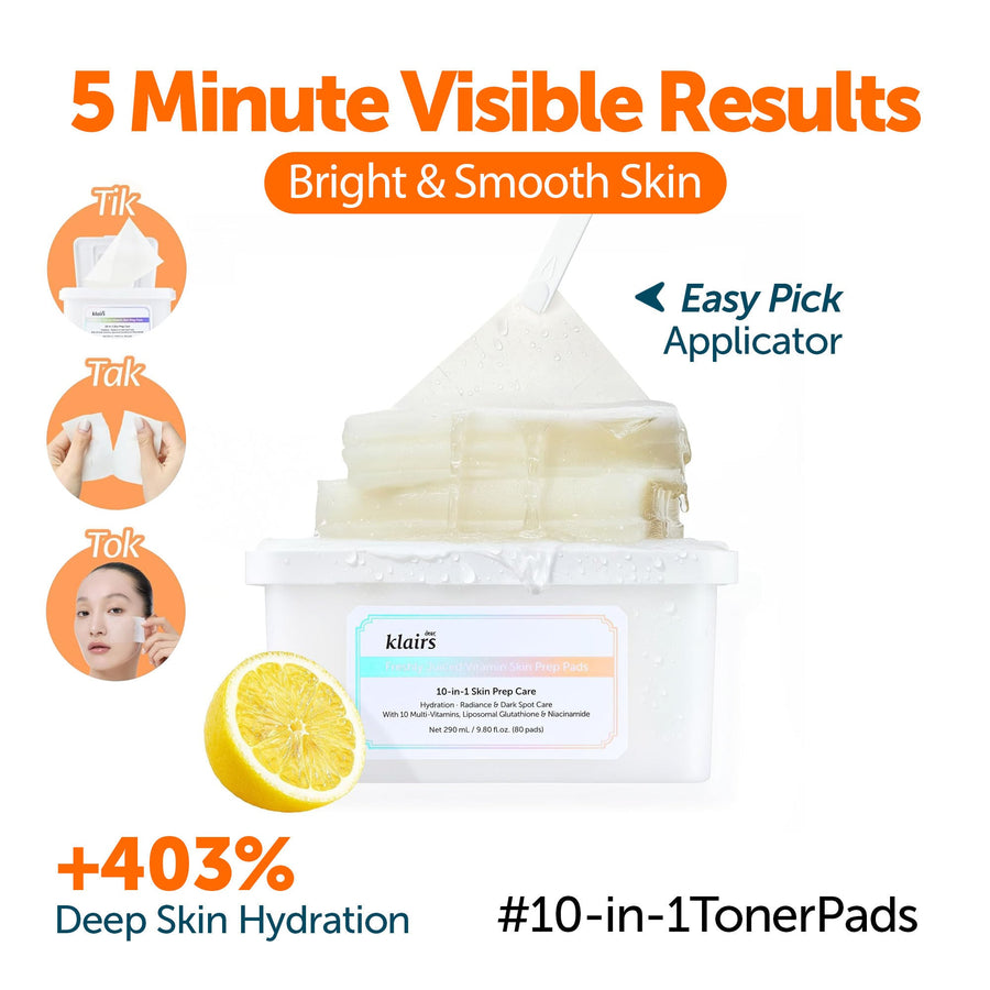 Klairs Freshly Juiced Vitamin Skin Prep Pads Brighten Dull Skin & Hydrate, Vit C & Niacinamide
