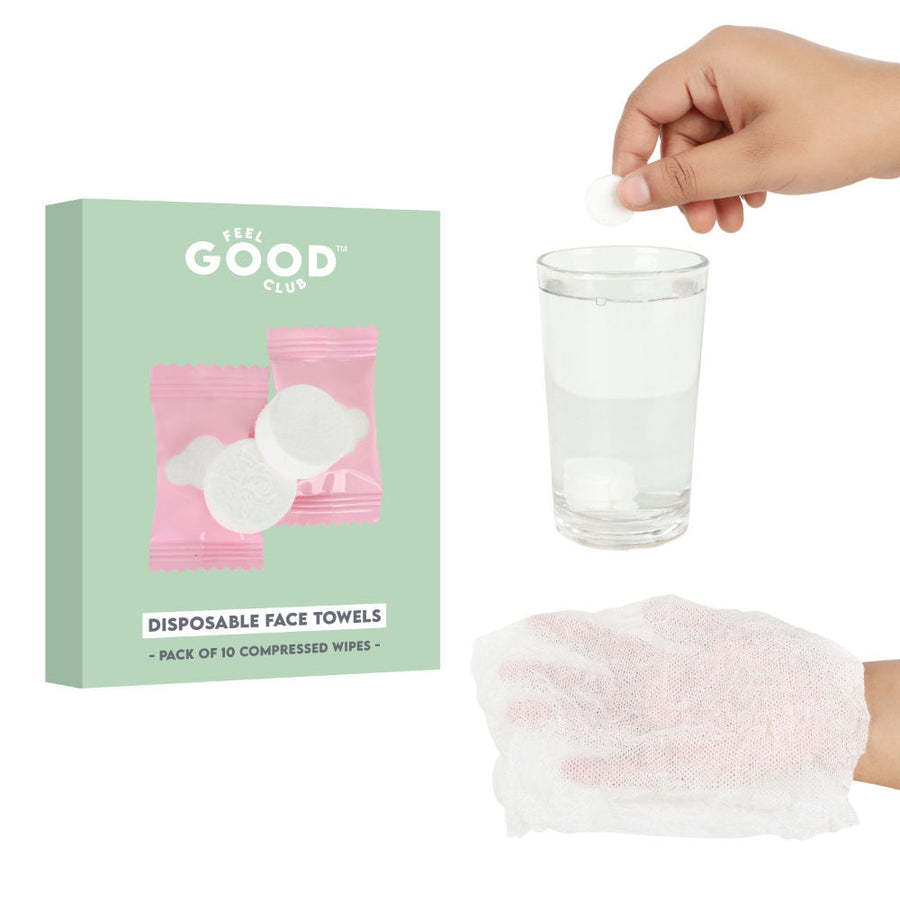 Feel Good Club Disposable Face Towels - 10 Pcs Compressed Coin Tissues Expand In Water As Wet Wipes