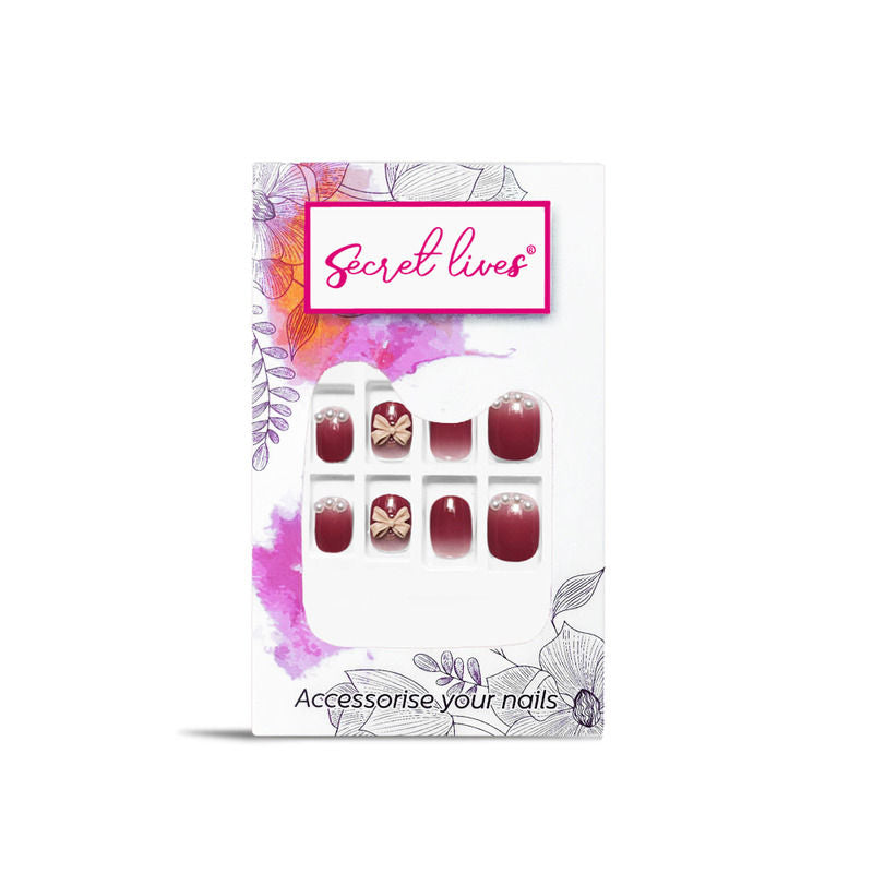 Secret Lives Shades of Cherry Color with 3d Bow & Heart Design Press On Nails