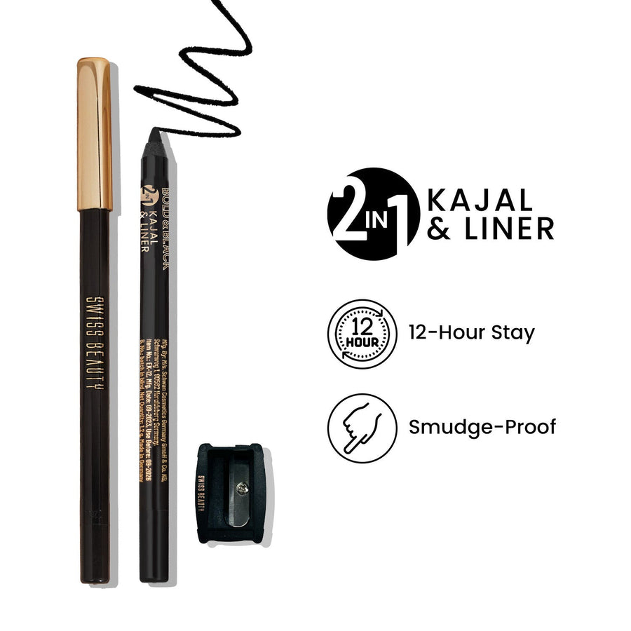 Swiss Beauty Bold & Black 2-In-1 Kajal & Liner With Vitamin-E 12-Hours of Stay With Sharpner
