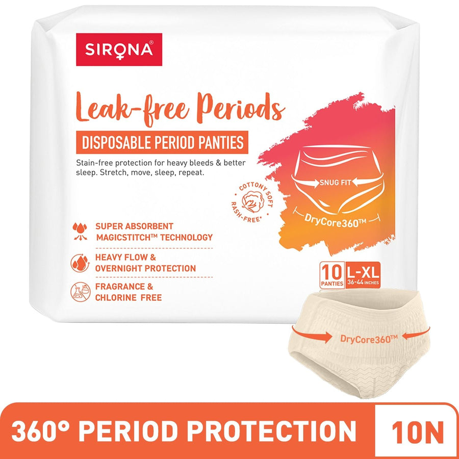 Sirona Disposable Period Panties, L-XL (36-44 inch) 360° Coverage, Leakage Protection for Heavy Flow