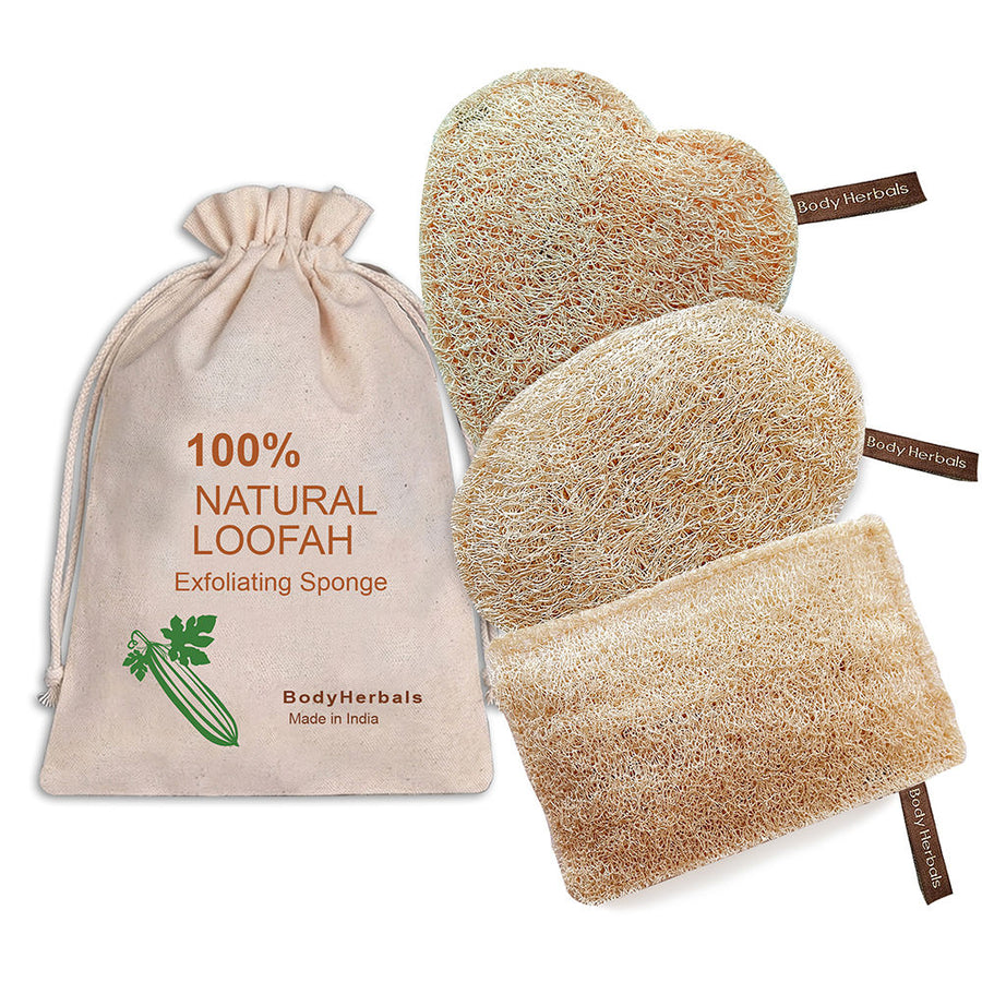 BodyHerbals Natural Sun Dried Bath Loofah Rectangular, Oval, & Heart in a Gift Bag Women & Men