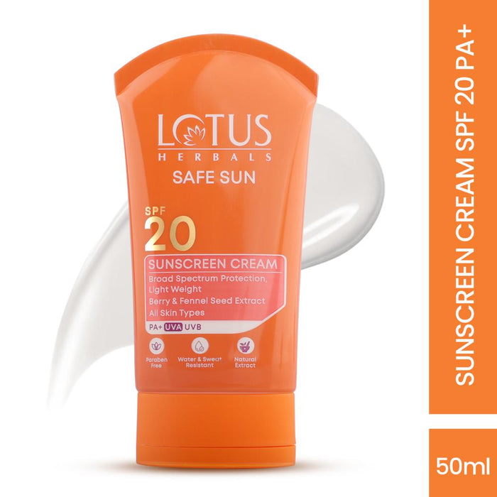Lotus Herbals SafeSun Sunscreen Cream SPF 20 PA+ ,Berry & Fennel Seed Extracts,Waterproof & Oil-free