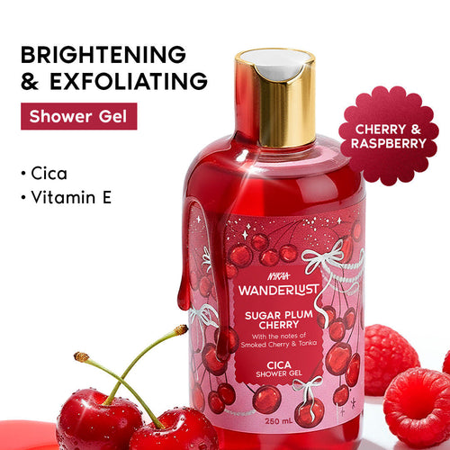 Wanderlust Sugar Plum Cherry Perfume Shower Gel With Cica, Vitamin E (Raspberry, Rose Perfume)