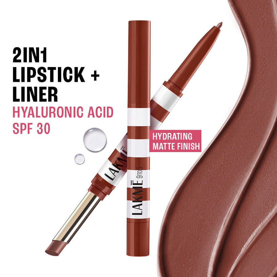 Lakme 9to5 Hya Beach Edit, Lipstick + Liner Duo, SPF 30, Hydrating Matte