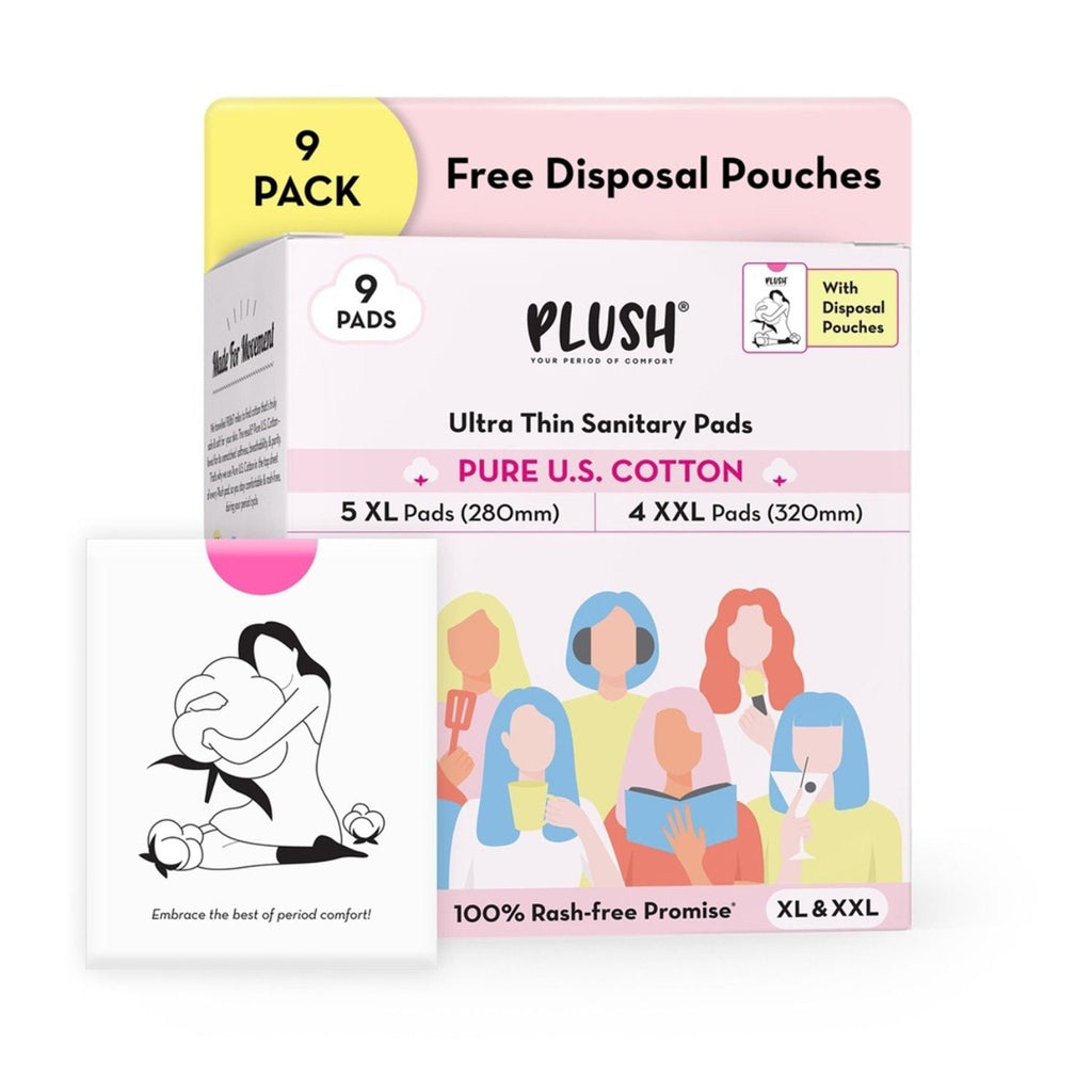 Plush 100% US Cotton 5XL + 4XXL Heavy Flow Sanitary Pads With Disposal Pouches