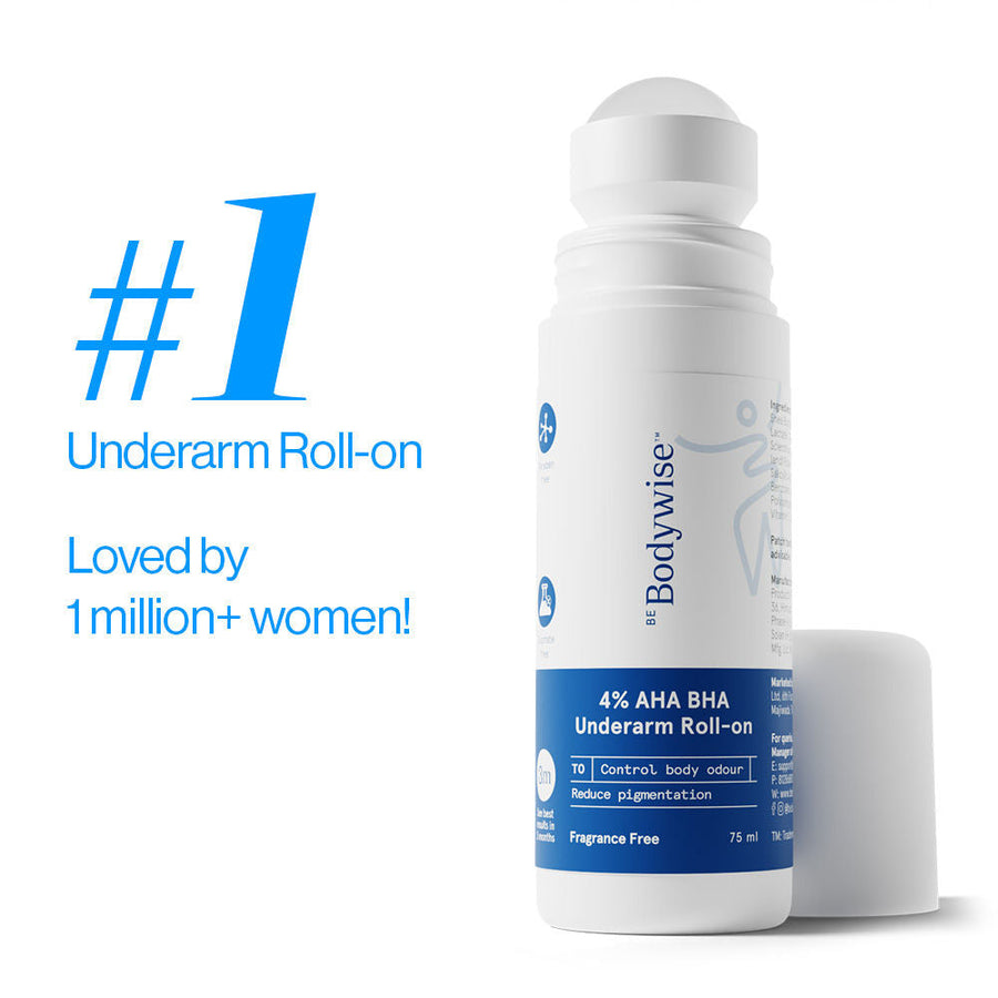 Be Bodywise 4% AHA BHA Fragrance Free Underarm Roll On - With 2% Lactic Acid & Alpha Arbutin