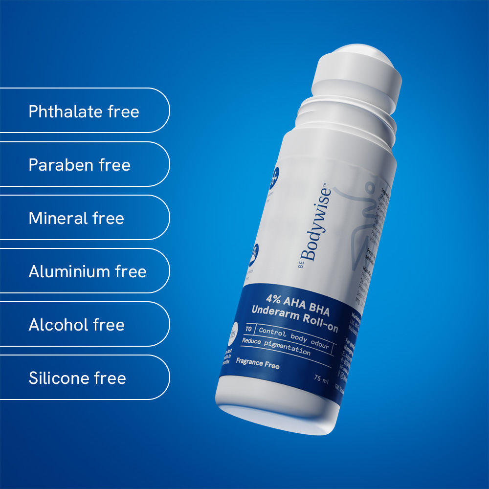 Be Bodywise 4% AHA BHA Fragrance Free Underarm Roll On - With 2% Lactic Acid & Alpha Arbutin