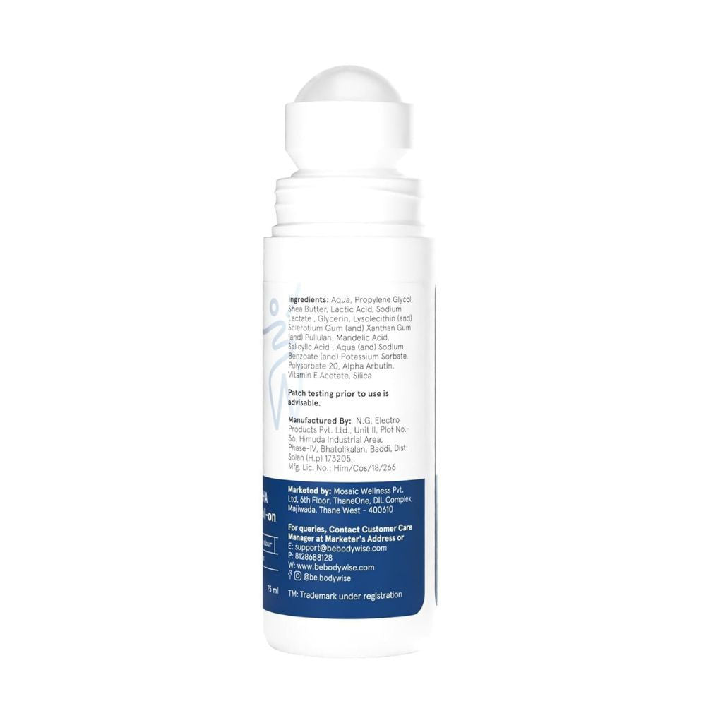 Be Bodywise 4% AHA BHA Fragrance Free Underarm Roll On - With 2% Lactic Acid & Alpha Arbutin