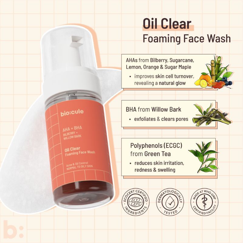 Biocule AHA BHA Oil Clear Foaming Face Wash For Oily & Acne Prone Skin