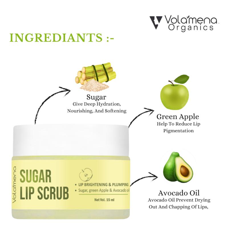 Volamena Lip Scrub With Sugar, Green Apple Extract & Avocado Oil