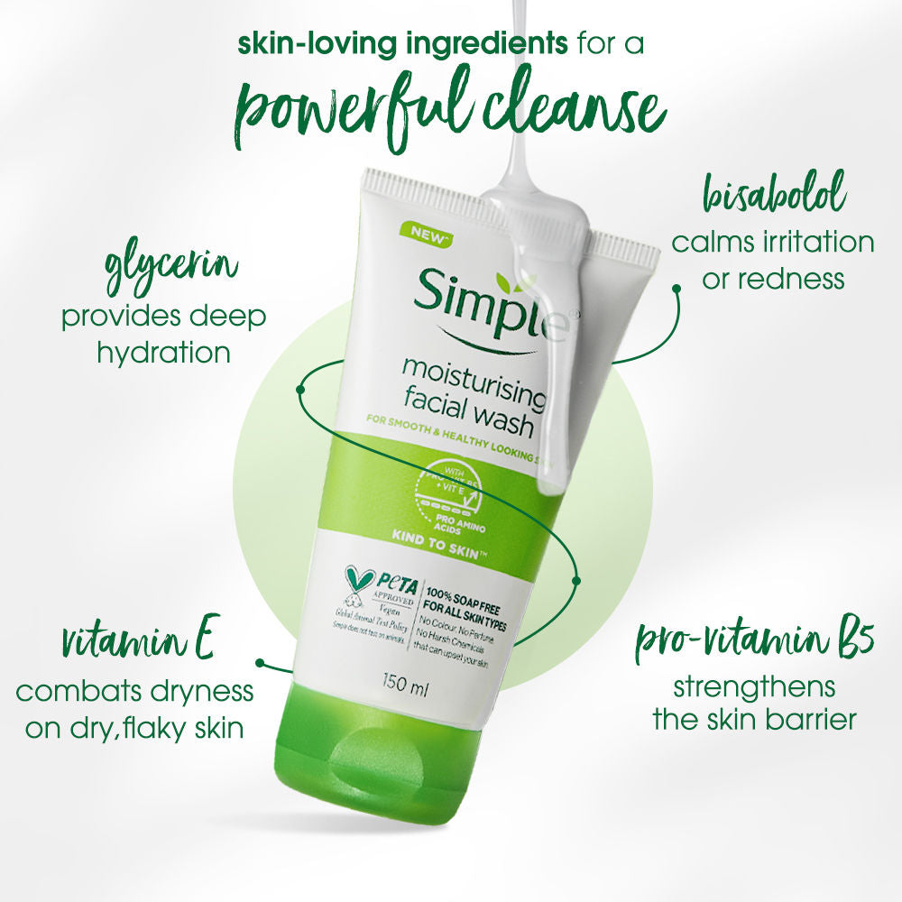 Simple Kind To Skin Moisturising Facial Wash, Reduces Dryness with Panthenol for Dry Skin