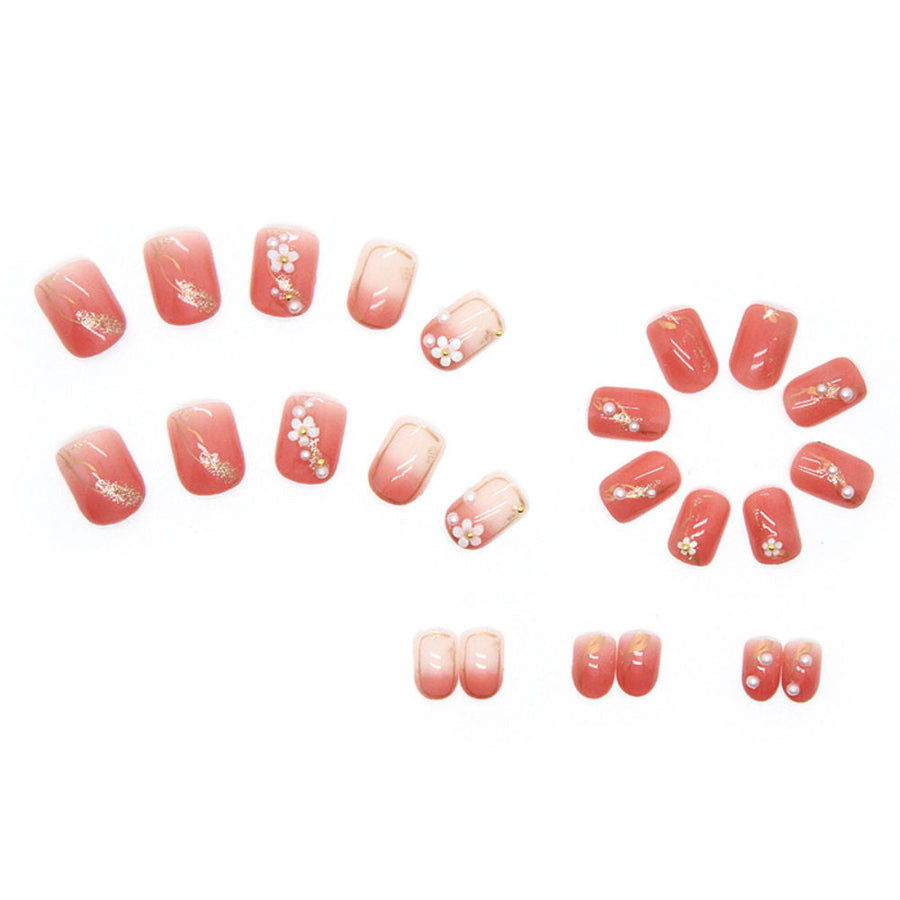 Secret Lives Glossy Redish Peach Color 3D White Flower With White Golden Pearl & Golden Glitter