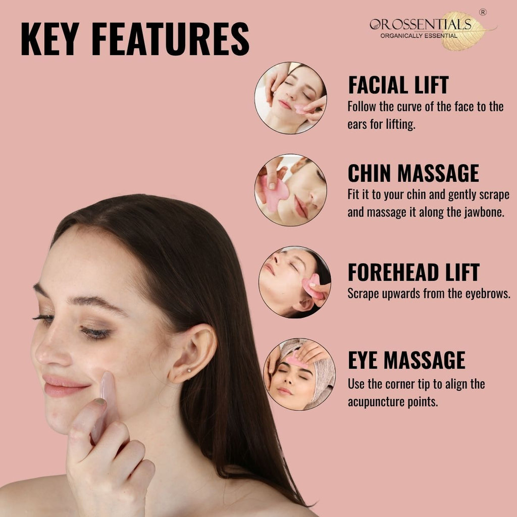 OROSSENTIALS Rose Quartz Gua Sha Stone Face Massager For Face, Neck Glow & Skin Brightening