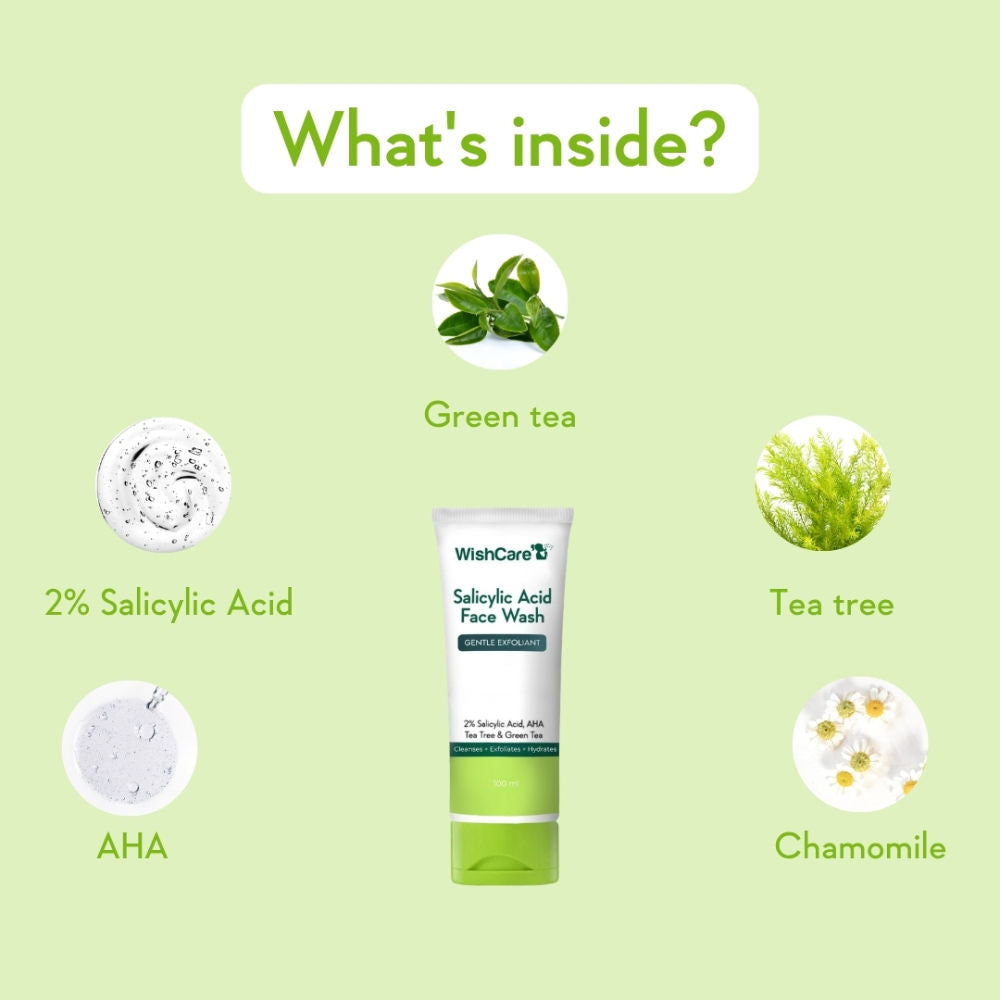 WishCare 2% Salicylic Acid Face Wash with AHA, Greentea & Tea Tree -Oil Control-Reduces Sebum & Acne