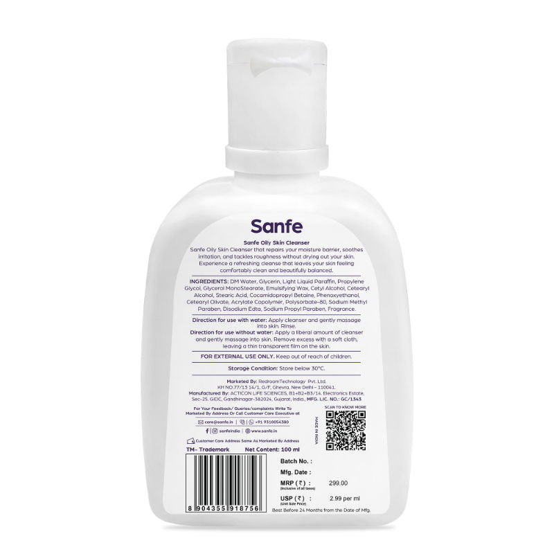 Sanfe Oily Skin Cleanser | For skin repair, dryness, tighter skin - For Oily, Acne Prone Skin, 100ml