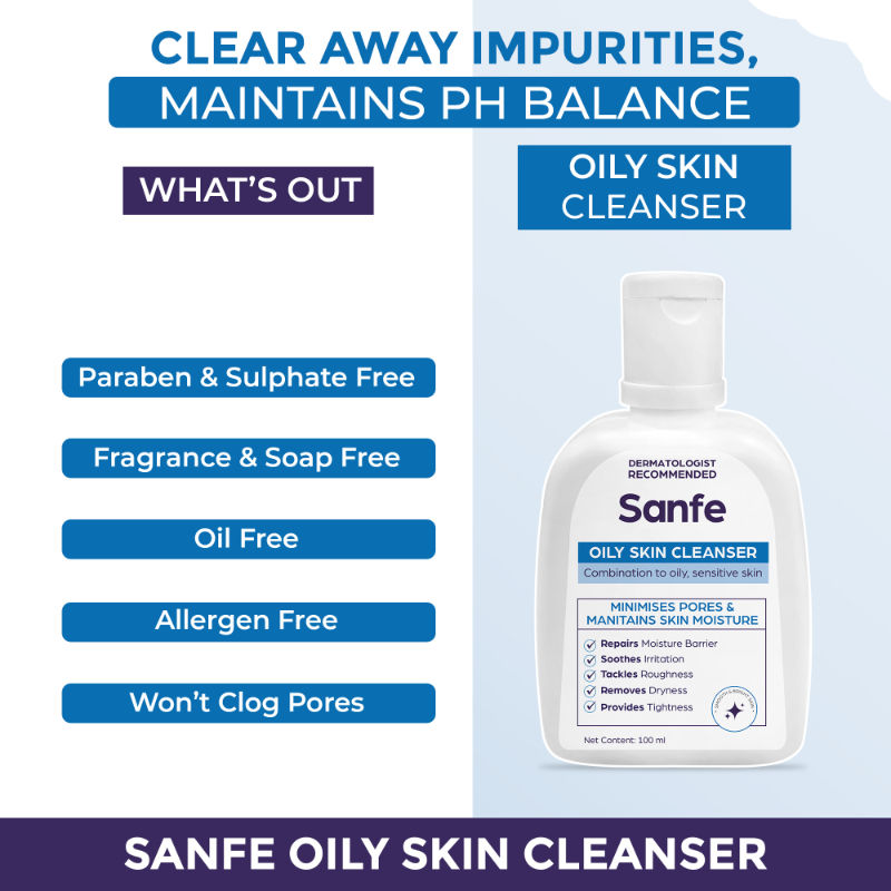 Sanfe Oily Skin Cleanser | For skin repair, dryness, tighter skin - For Oily, Acne Prone Skin, 100ml