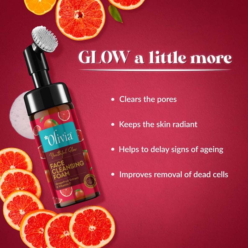 Olivia Youthful Glow Face Cleansing Foam –With Grapefruit Extract & Vitamin C for Bright, Even Skin