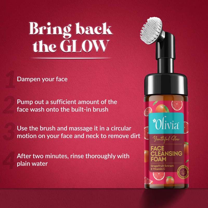 Olivia Youthful Glow Face Cleansing Foam –With Grapefruit Extract & Vitamin C for Bright, Even Skin