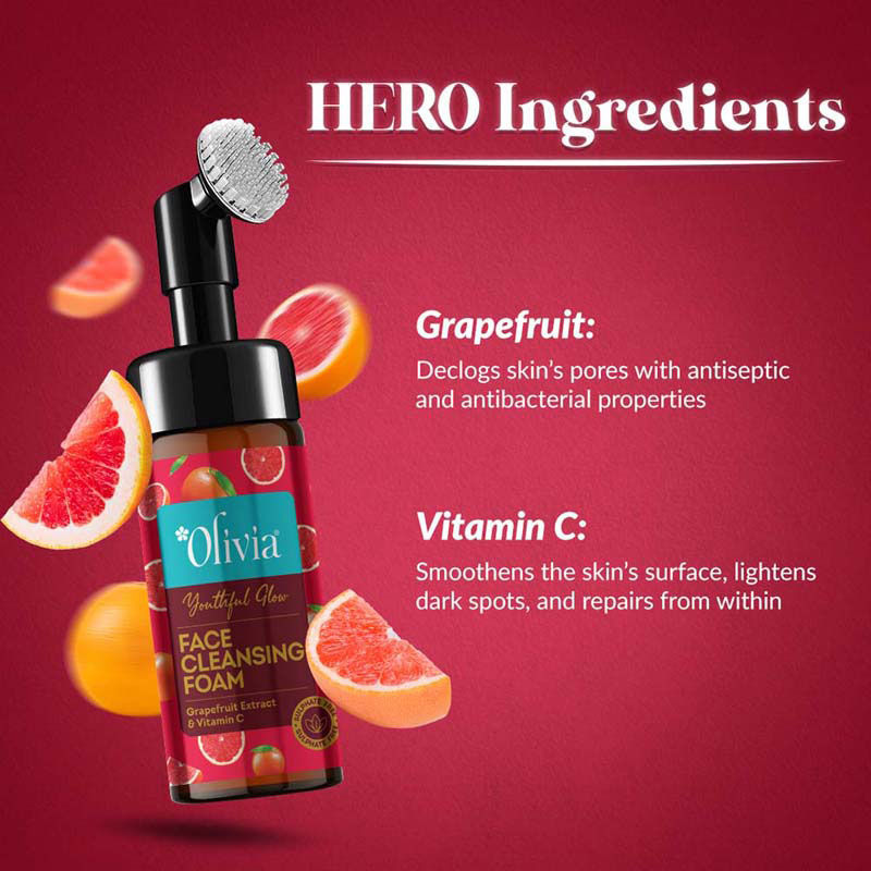 Olivia Youthful Glow Face Cleansing Foam –With Grapefruit Extract & Vitamin C for Bright, Even Skin