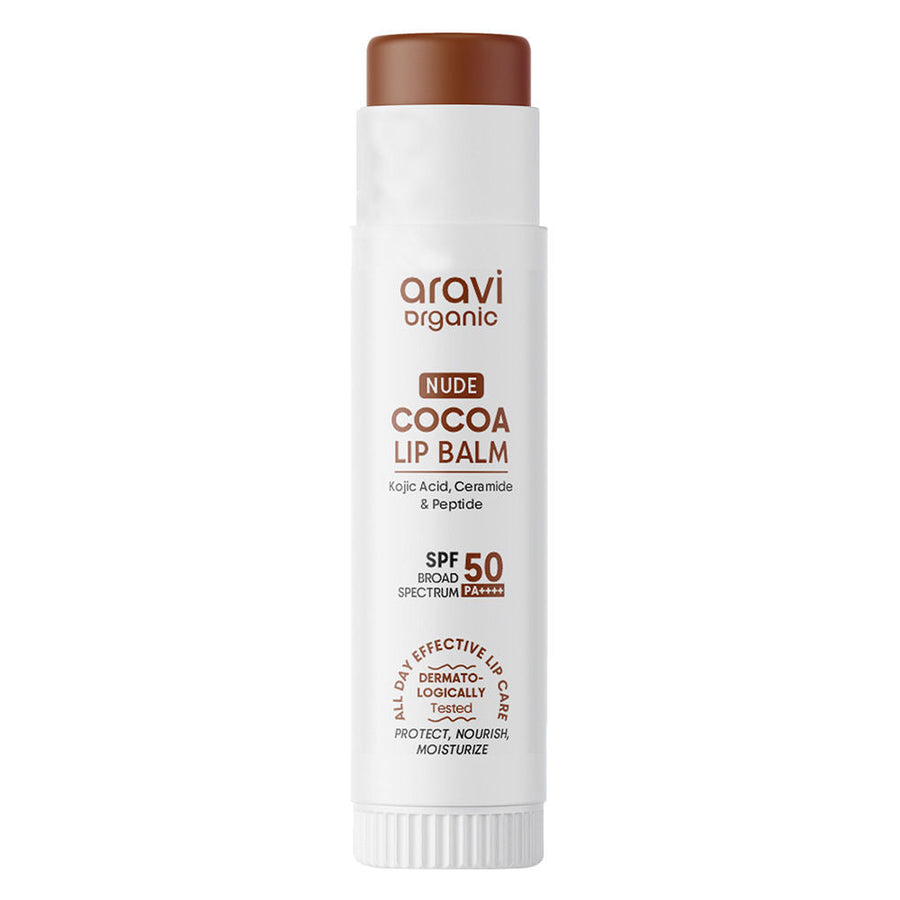 Aravi Organic Nude Cocoa Lip Balm SPF 50 PA++++, Dark & Pigmented Lips, Kojic Acid & Ceramide