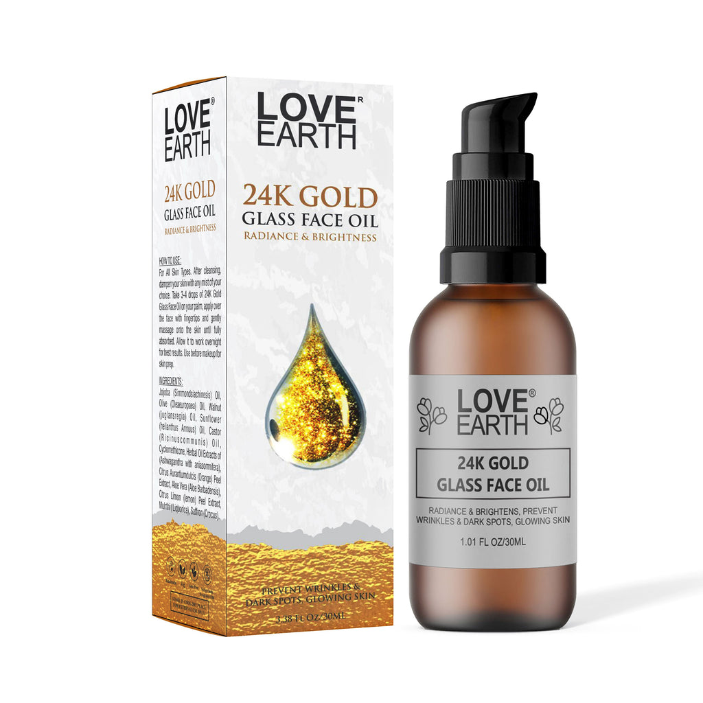 Love Earth 24K Gold Glass Face Oil for Skin Brightening Anti-Aging with Pure Essential Oils
