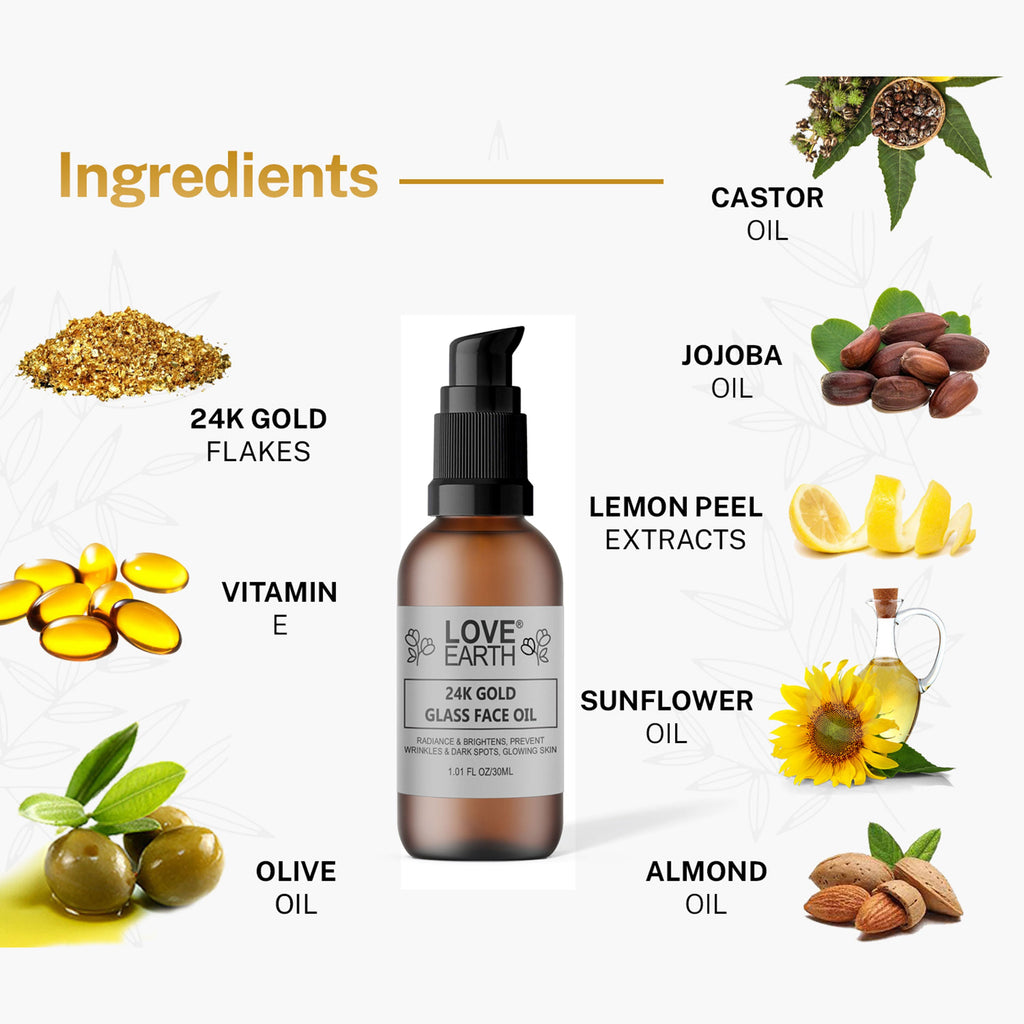 Love Earth 24K Gold Glass Face Oil for Skin Brightening Anti-Aging with Pure Essential Oils