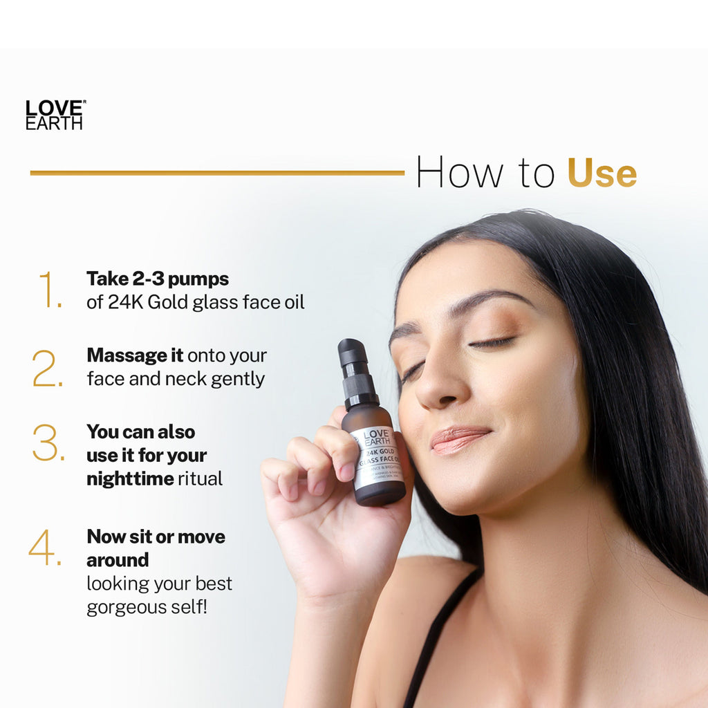 Love Earth 24K Gold Glass Face Oil for Skin Brightening Anti-Aging with Pure Essential Oils