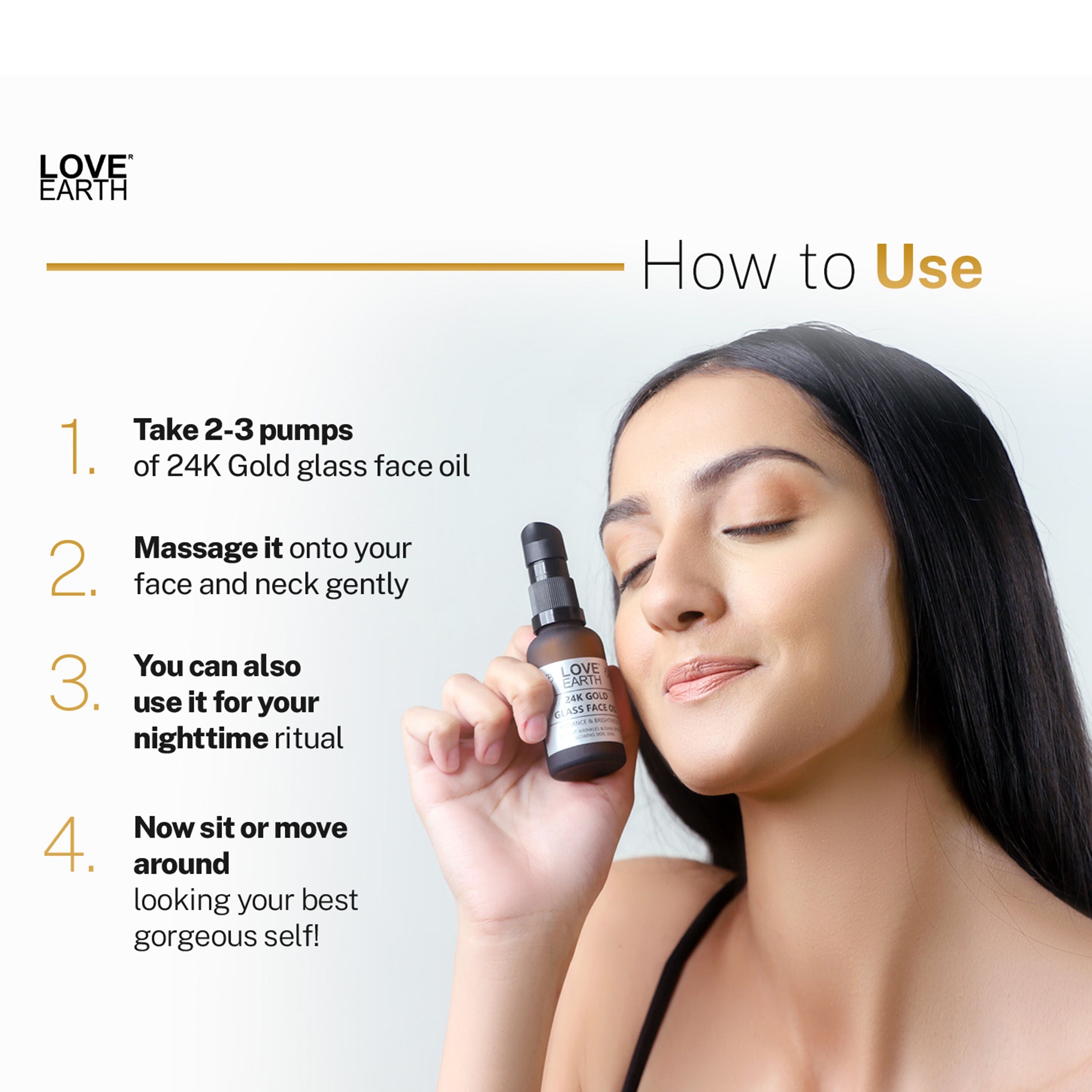Love Earth 24K Gold Glass Face Oil for Skin Brightening Anti-Aging with Pure Essential Oils