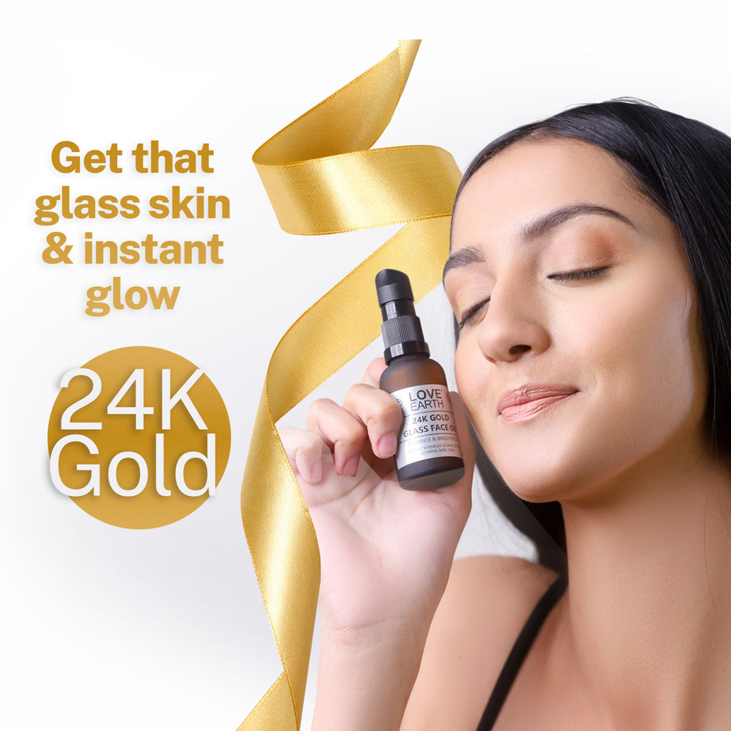Love Earth 24K Gold Glass Face Oil for Skin Brightening Anti-Aging with Pure Essential Oils