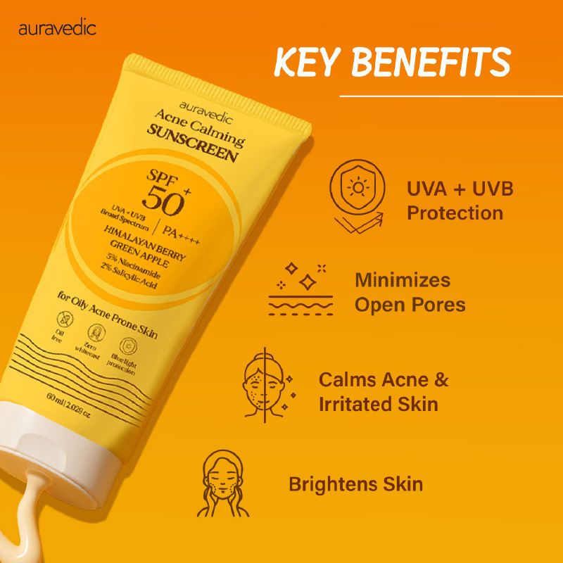 Auravedic Acne Sunscreen for Oily Skin Pore Minimizing Sunscreen SPF 50 PA ++++ Gotu kola