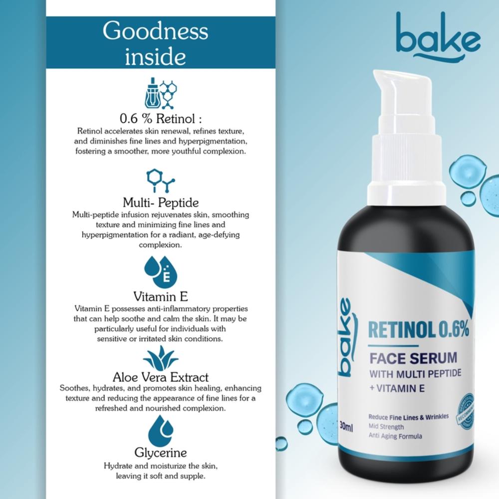 Bake 0.6% Retinol Serum For Anti Aging, Skin Tightening, Fine Lines & Wrinkles With 2% Multi Peptide