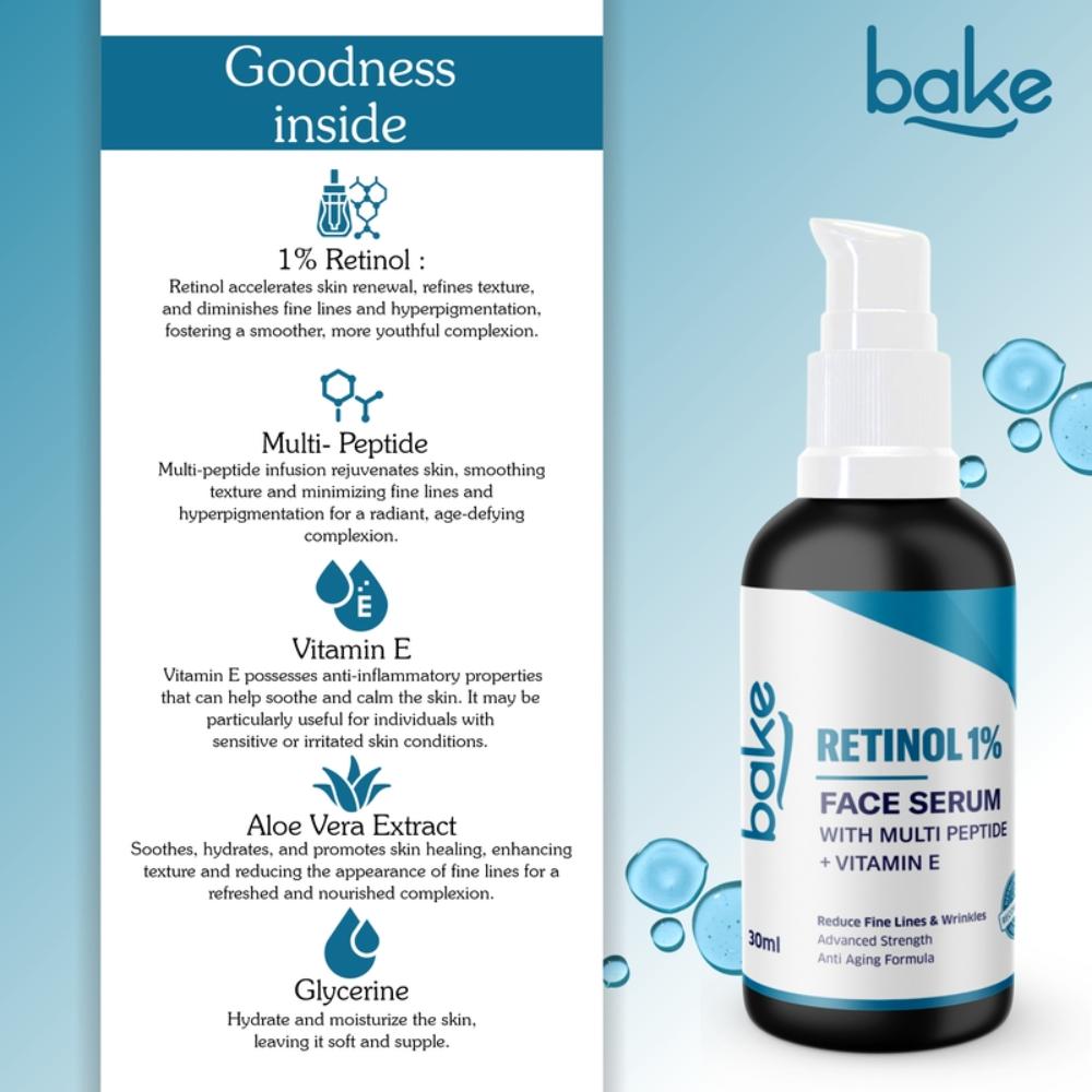 Bake 1% Retinol Serum For Anti Aging, Skin Tightening, Fine Lines & Wrinkles With 2% Multi Peptide