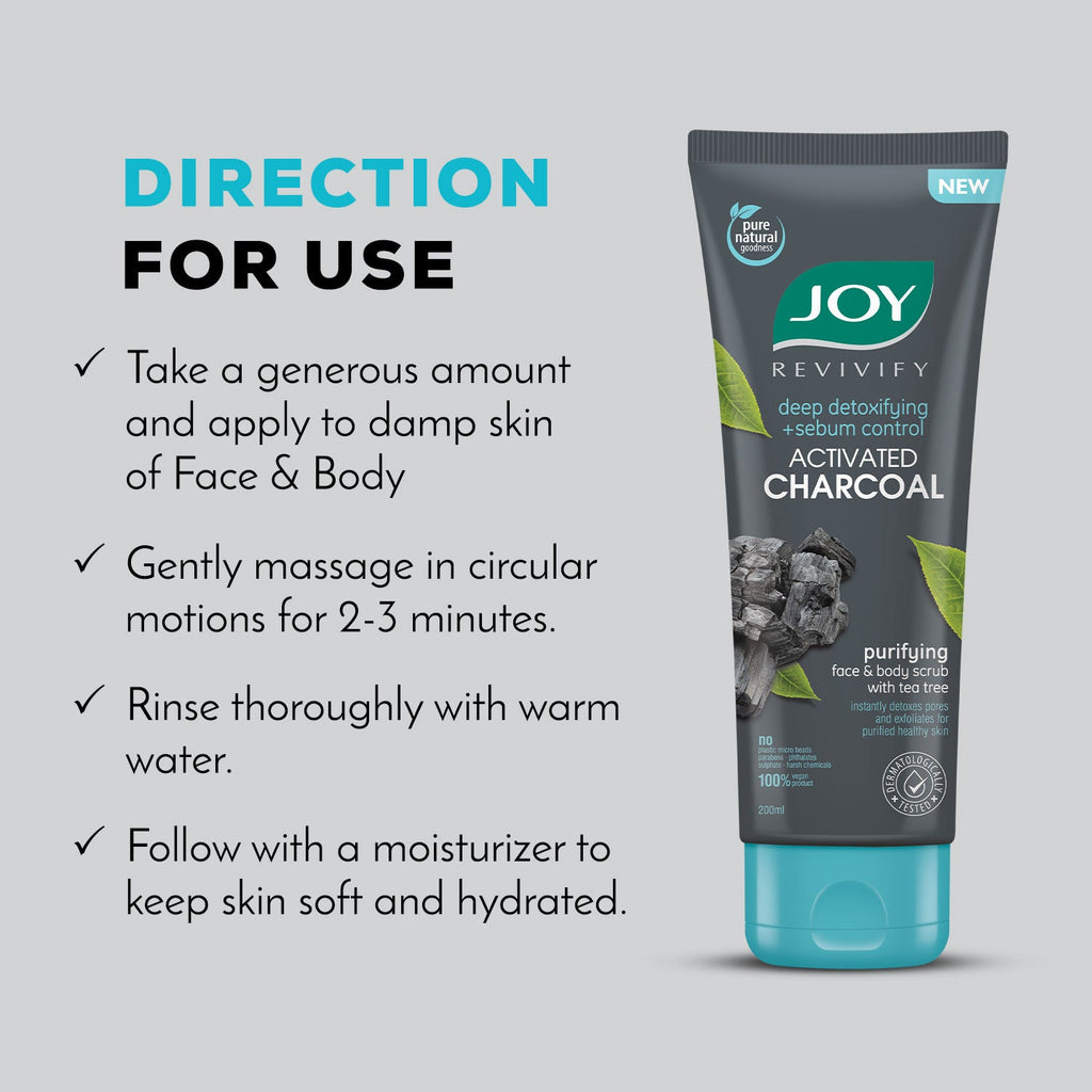 Joy Charcoal Face & Body Scrub with Tea Tree for Oil Control, Sebum Control & Deep Exfoliation