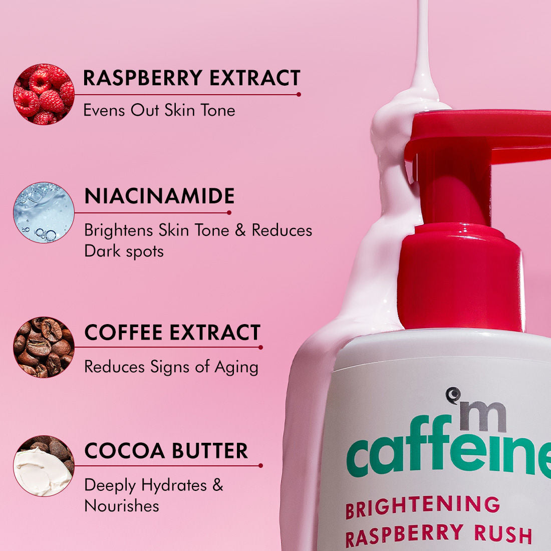Mcaffeine Brightening Raspberry Rush Serum Body Lotion SPF 50 PA+++ With Niacinamide Non-Sticky