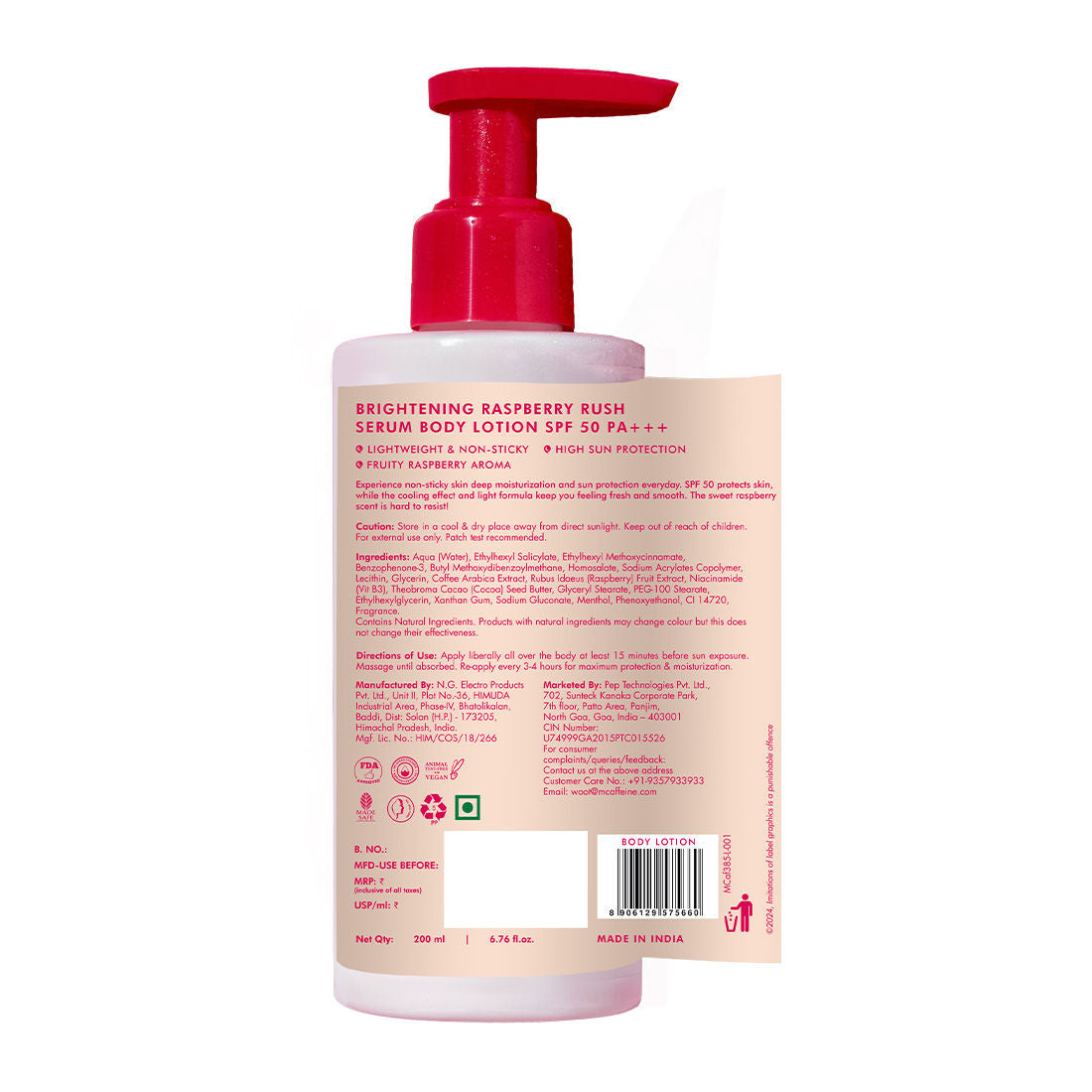 Mcaffeine Brightening Raspberry Rush Serum Body Lotion SPF 50 PA+++ With Niacinamide Non-Sticky