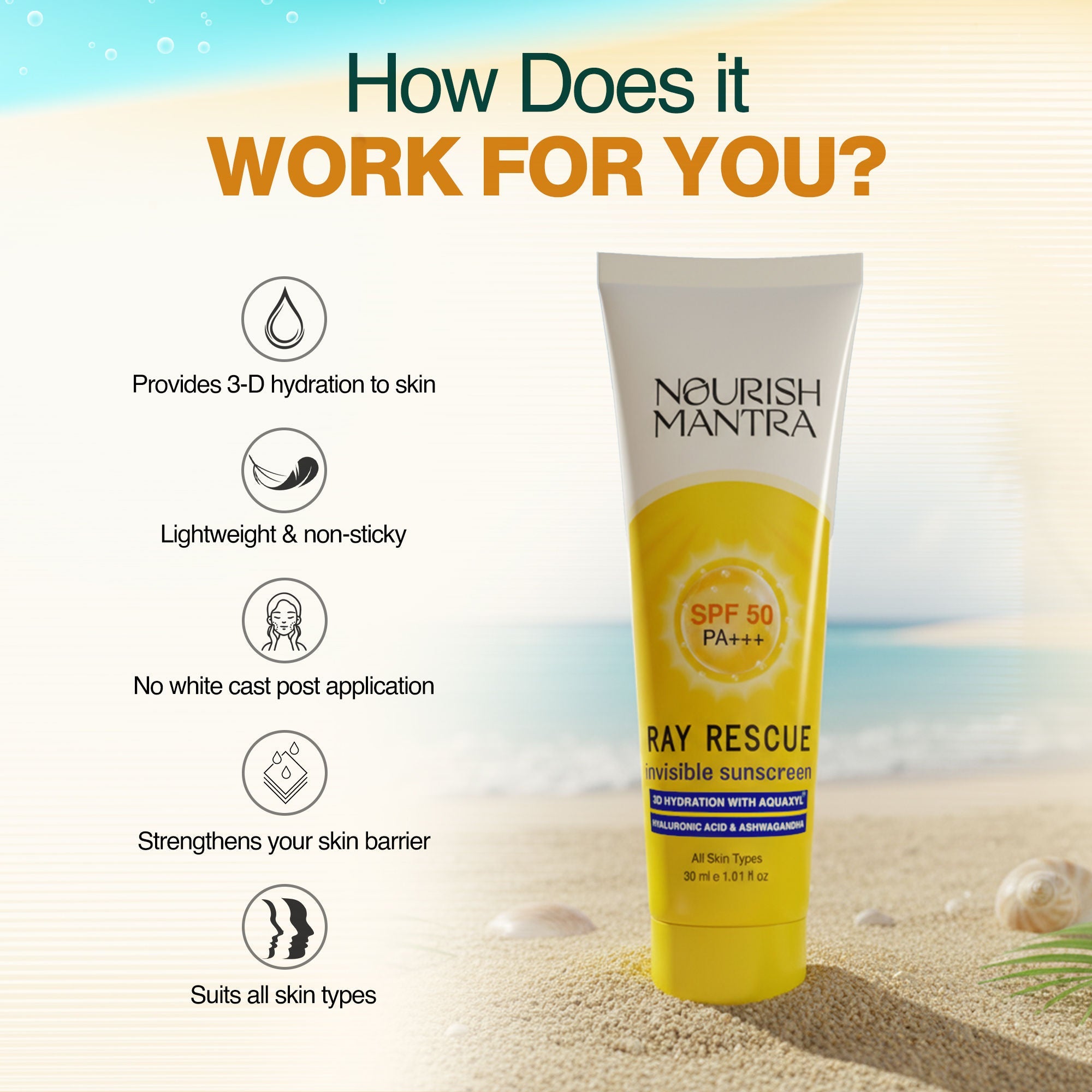 Nourish Mantra Ray Rescue Invisible Sunscreen with SPF 50 & Aquaxyl for UV Protection