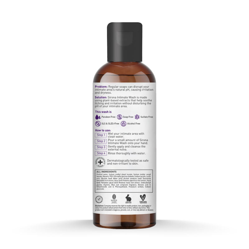Sirona Natural Intimate Wash, Reduces Odor, Itching, Maintains PH Balance, No Paraben & SLS