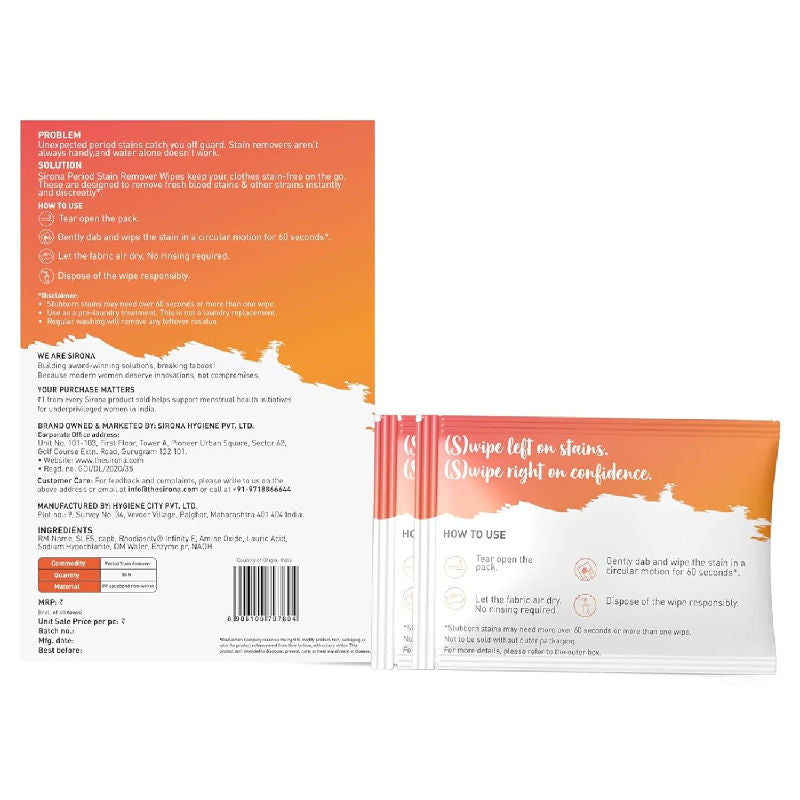 Sirona Period Stain Remover Wipes, Removes Stain in 60 sec, Gentle on Skin & Fabric, Travel Friendly