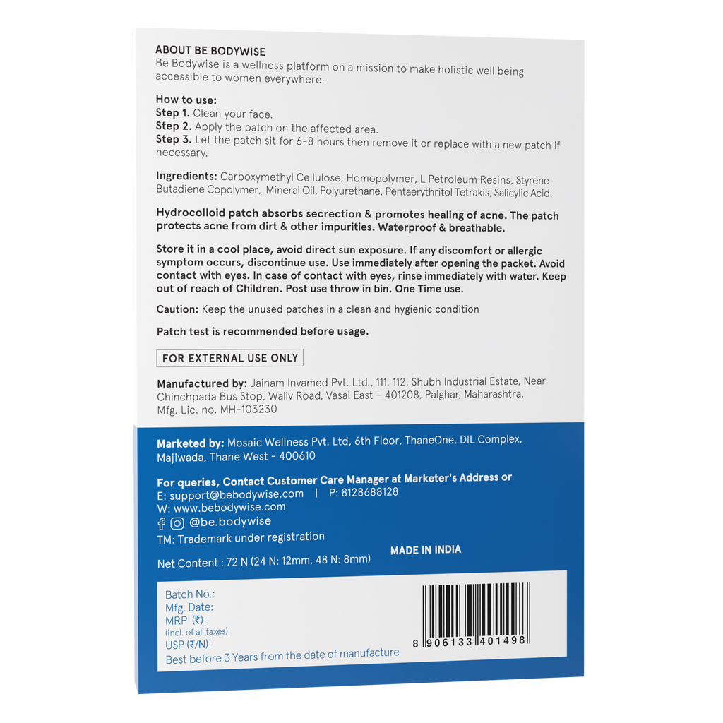 Be Bodywise Hydrocolloid Acne Pimple Patch Absorbs & Flattens Acne Overnight