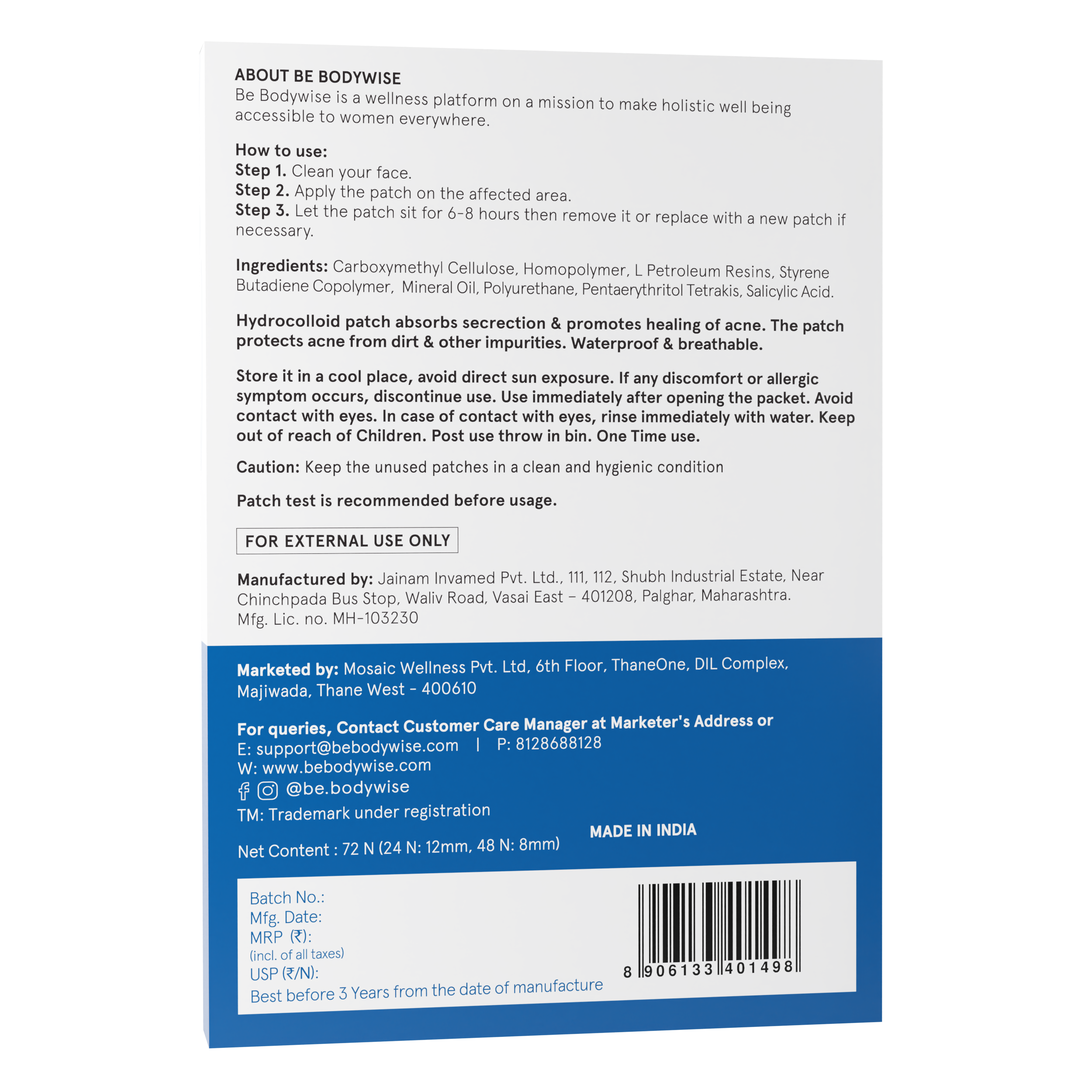 Be Bodywise Hydrocolloid Acne Pimple Patch Absorbs & Flattens Acne Overnight