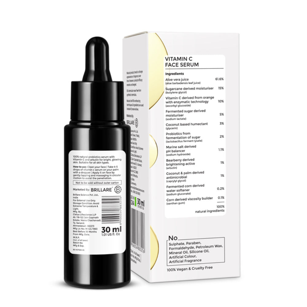 Brillare 10% Vitamin C Face Serum for Glowing Skin with Probiotics Visible Glow in Just 7 Days