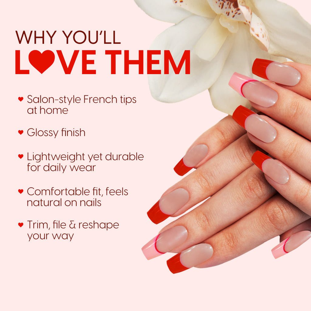 Matra Press On Nails French Tip Reusable Artificial Stick On Fake Extensions & Glue Tabs Red Pink