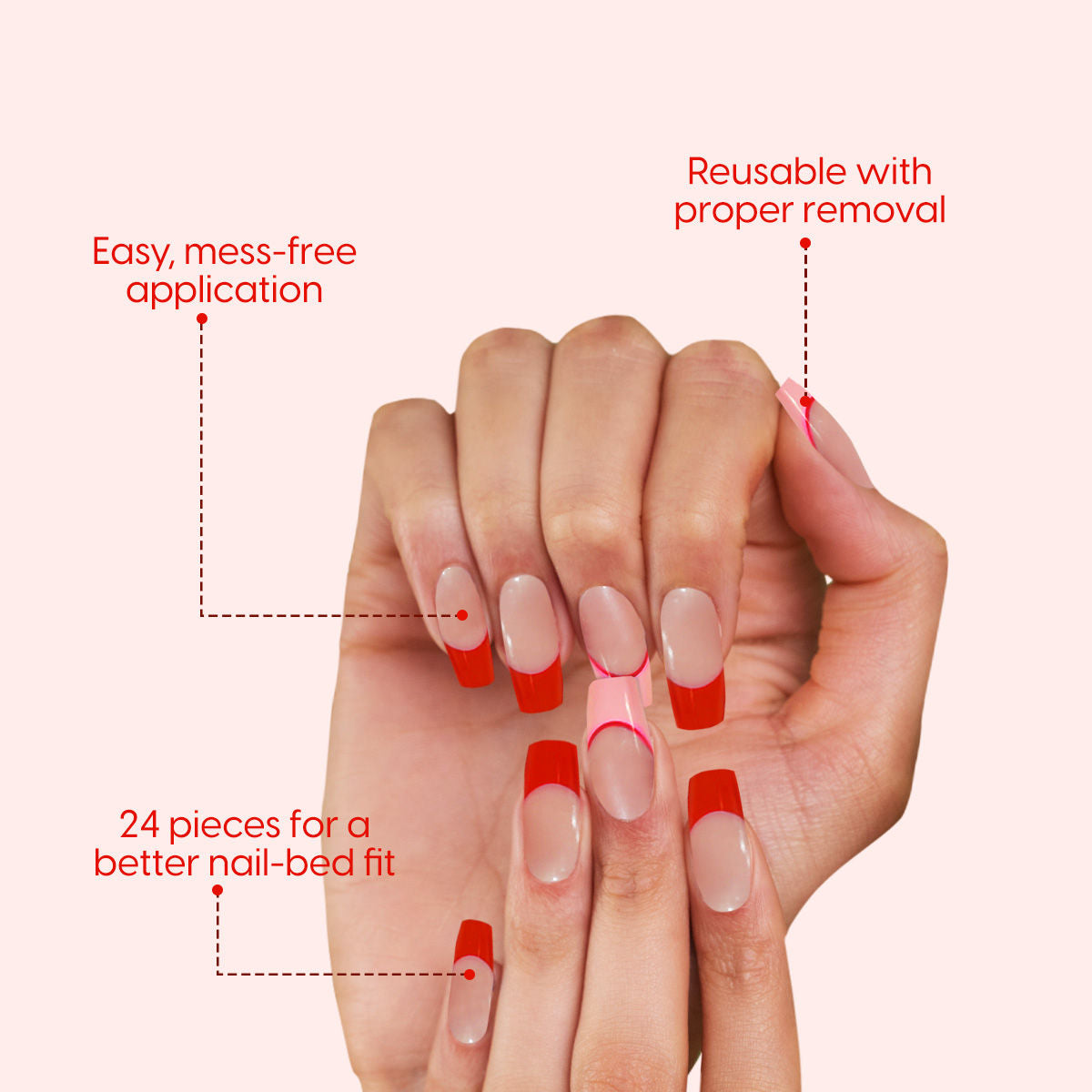 Matra Press On Nails French Tip Reusable Artificial Stick On Fake Extensions & Glue Tabs Red Pink