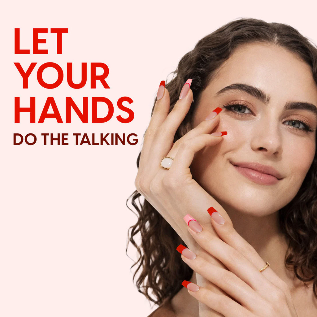 Matra Press On Nails French Tip Reusable Artificial Stick On Fake Extensions & Glue Tabs Red Pink