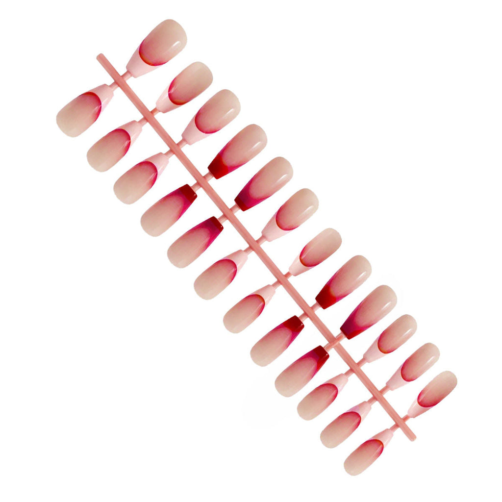 Matra Press On Nails French Tip Reusable Artificial Stick On Fake Extensions & Glue Tabs Red Pink