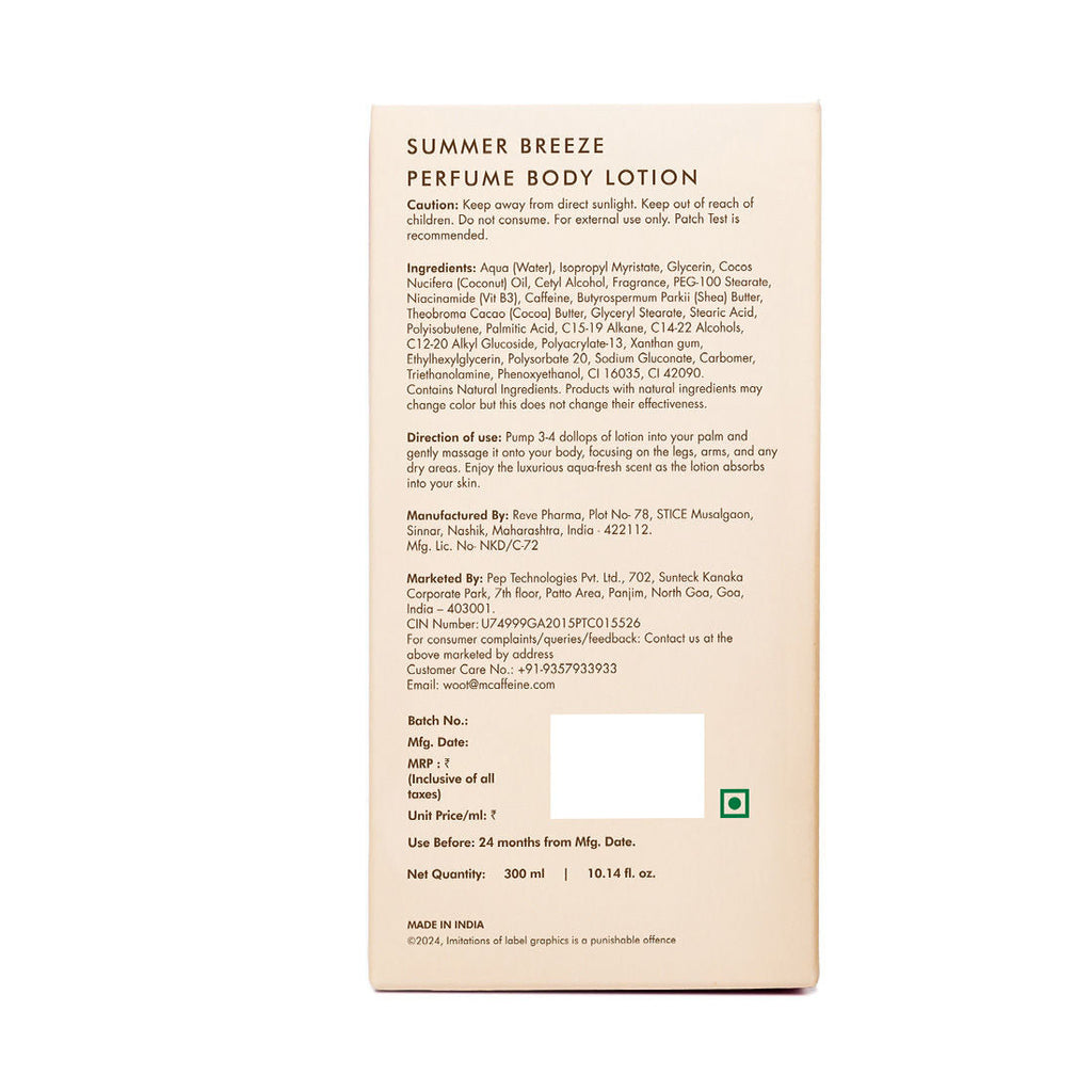 MCaffeine Summer Breeze Perfume Body Lotion With Niacinamide & Cocoa Butter Fresh Aquatic Fragrance